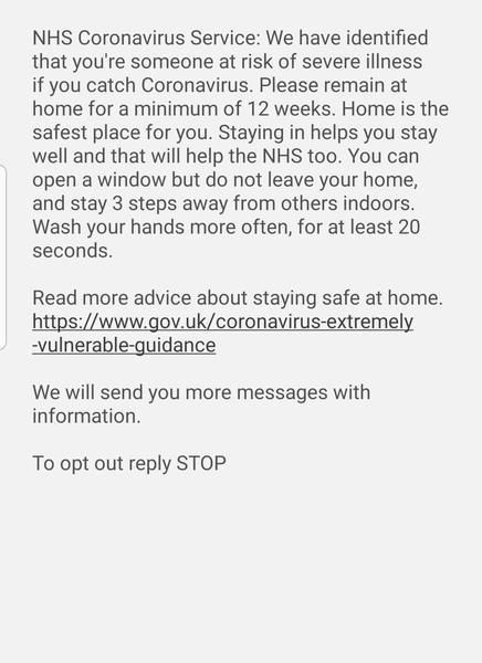 Anyone else received the text to self-isolate for 12 weeks? ***title edited at OP's request***