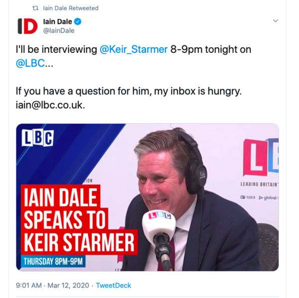 Kier Starmer on Iain Dale's LBC show tonight
