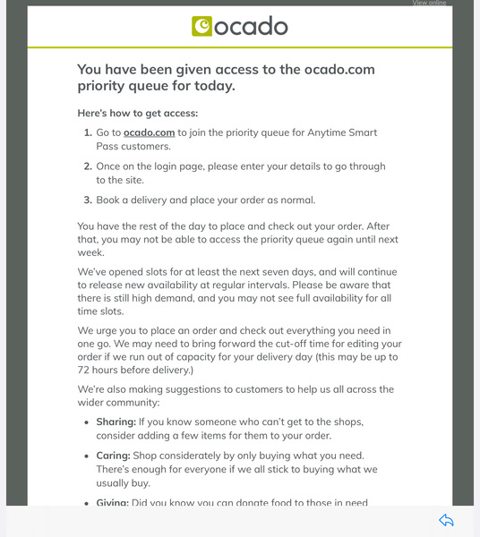 Ocado are suspending their reserved order system