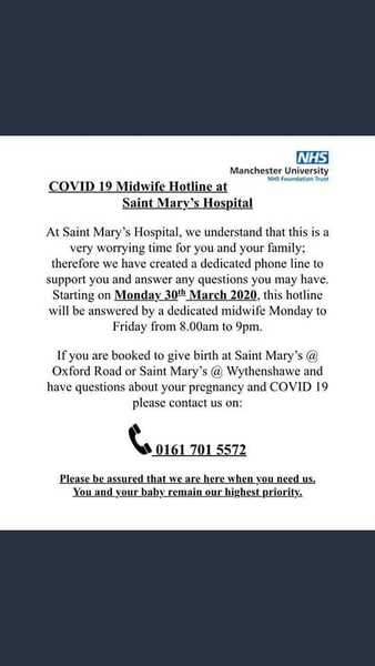 COVID 19 Midwife Hotline for St Mary's Manchester/Wythenshawe Hospital
