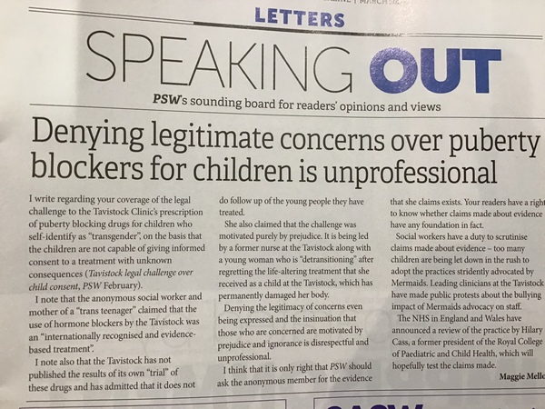 Professional Social Work (PSW) magazine prints letter from Sarah Phillimore
