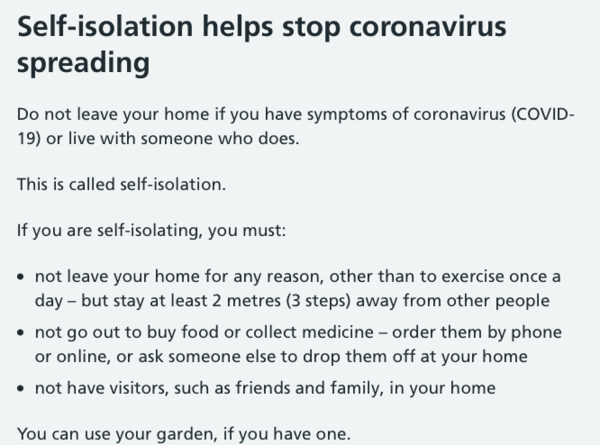 Self isolation and outdoor exercise