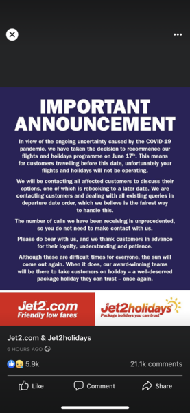 Jet2 recommence on June 17th