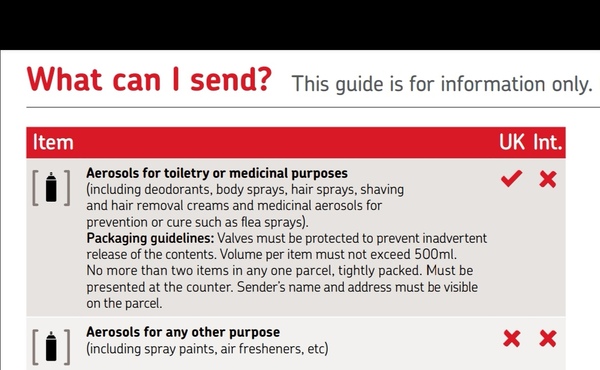 Royal mail advice - Aerosols