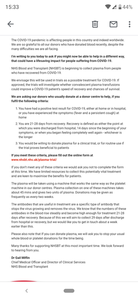 Email from Blood donor service re: Corona virus