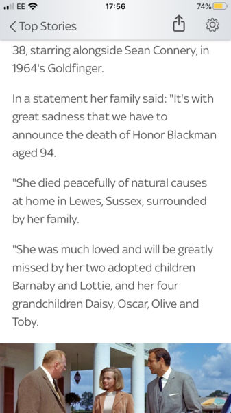 Honor Blackman dies- news reader refers to her “two adopted children”