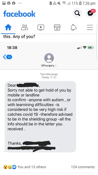 Mother from an autism support page has been told by GP that people with autism are considered very high risk?