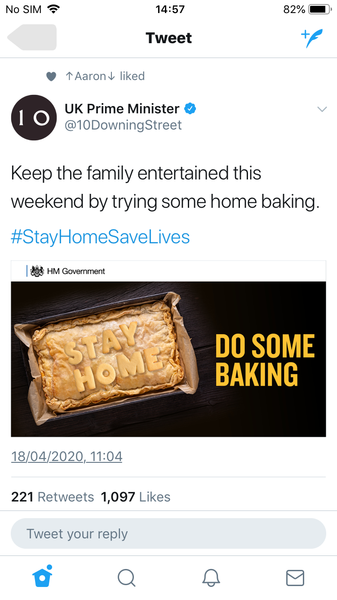 Tweet from Downing St to stay home and bake