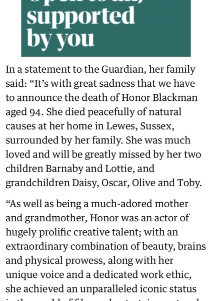 Honor Blackman dies- news reader refers to her “two adopted children”
