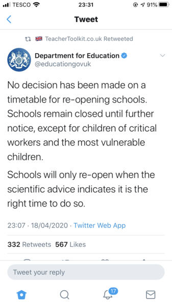 Government reportedly considering schools going back in 3 weeks