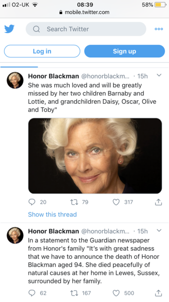 Honor Blackman dies- news reader refers to her “two adopted children”