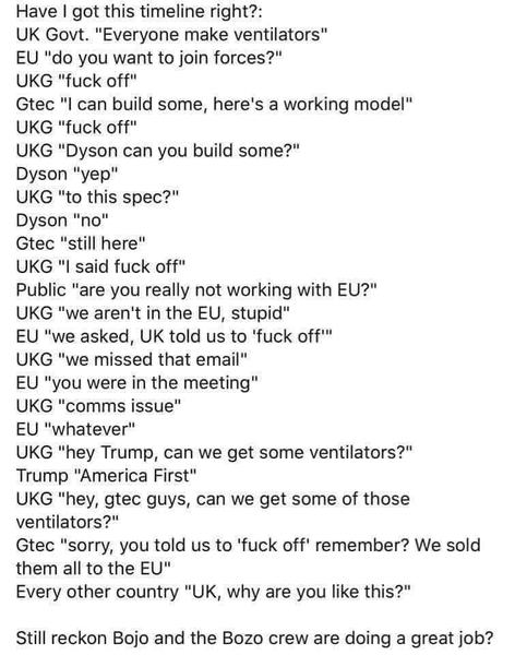 To feel very uncomfortable about the government declining to buy ventilators when given the chance to by the EU in order to give contracts to Tory supporters like Dyson and JCB to make new ones?