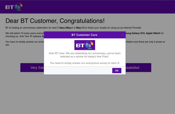 Keep being taken to a BT Survey page (scam?)