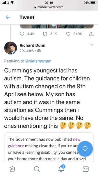 Dominic Cummings using his child's autism as an excuse