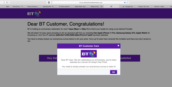 Keep being taken to a BT Survey page (scam?)