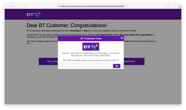 Keep being taken to a BT Survey page (scam?)