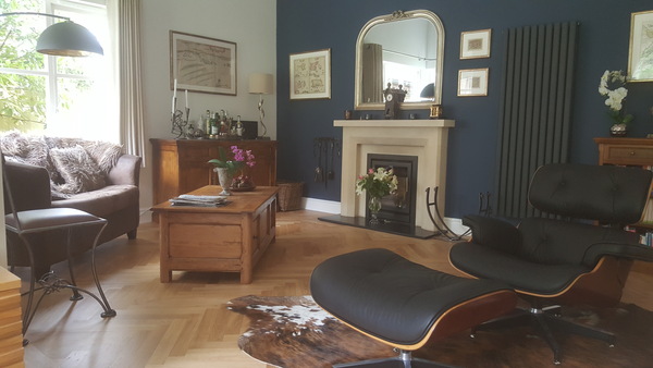 What colours with dark blue feature wall?