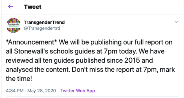7pm tonight Transgender Trend releasing report on Stonewall's schools' guides