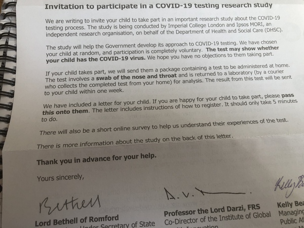 My child has been selected for a Covid test!