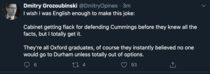 DS statement on Cummings is shameful