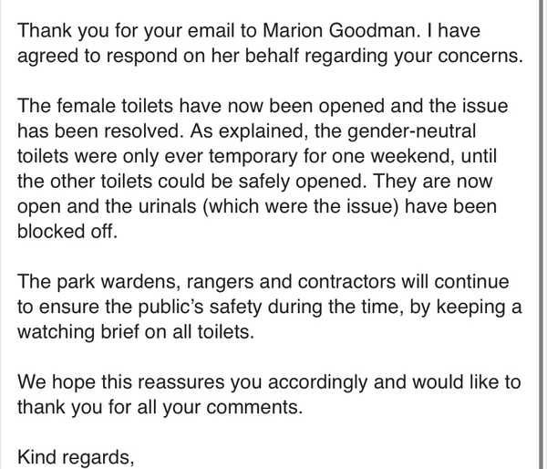 Women’s toilets now gender neutral in Northampton Park