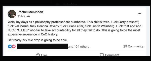 Rachel McKinnon/Veronic Ivy threatens legal action against own university for poor performance review