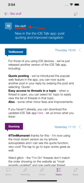 New in the the iOS Talk app: post quoting and improved navigation