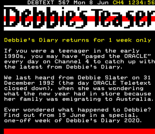 Anyone remember Debbie's Diary on ORACLE Teletext?