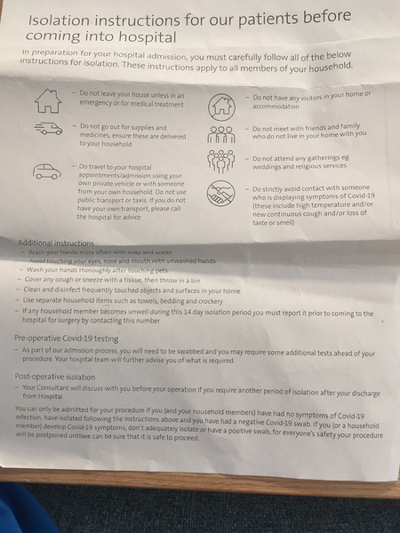 self-isolating pre-surgery - advice needed