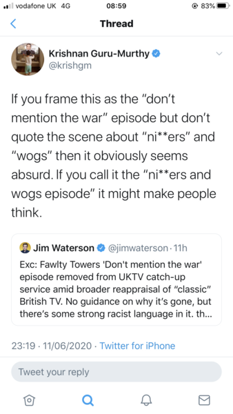 Fawlty Towers “Don’t mention the war” removed.
