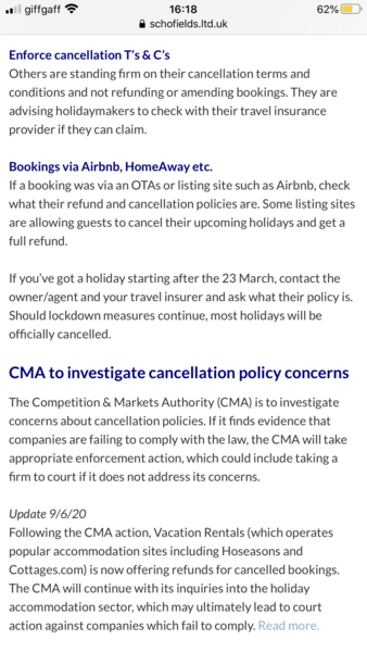 Holiday cottage cancelled, no refund, no option to reschedule