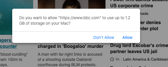 What's this request from the BBC News website about? They want to use storage on my computer?