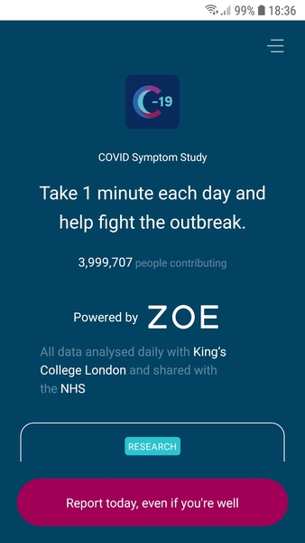 KCL / Zoe Covid app about to hit 4M contributers!