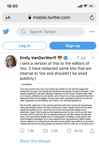 Trans woman feeling unsafe due to Matt Yglesias signature is on the same letter as JK Rowling