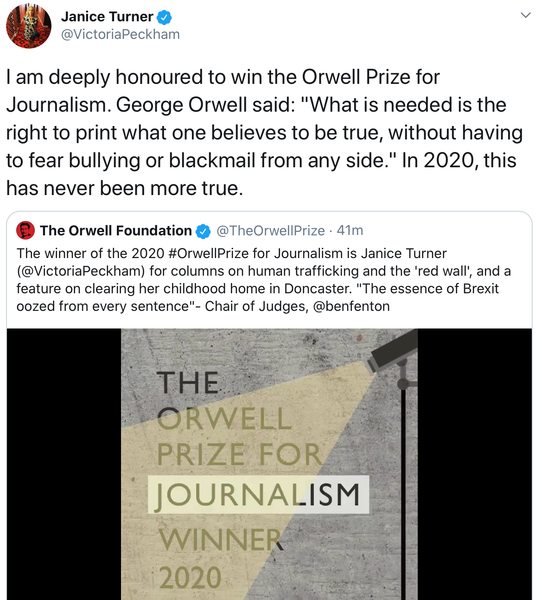 Janice Turner wins Orwell Prize for journalism