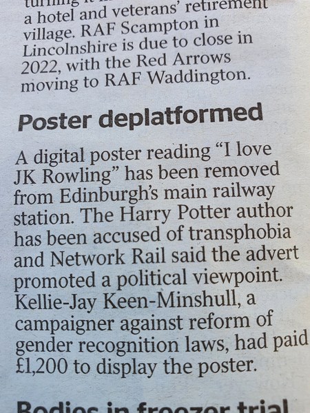 I love JK Rowling poster removed by Network Rail for being 'political' after 'transphobic' complaint