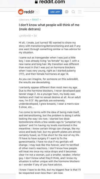 😢 18yo male detransitioner who transitioned at 7, took blockers and cross-hormones