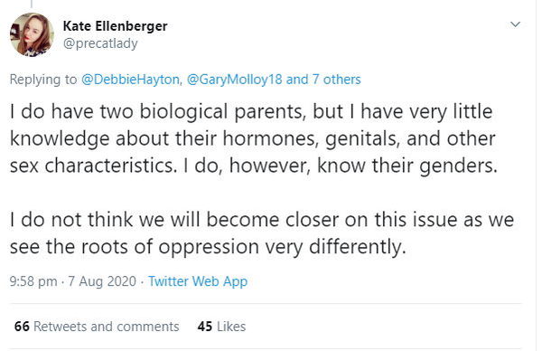 "I do have two biological parents, but I have very little knowledge about their hormones, genitals, and other sex characteristics. I do, however, know their genders."