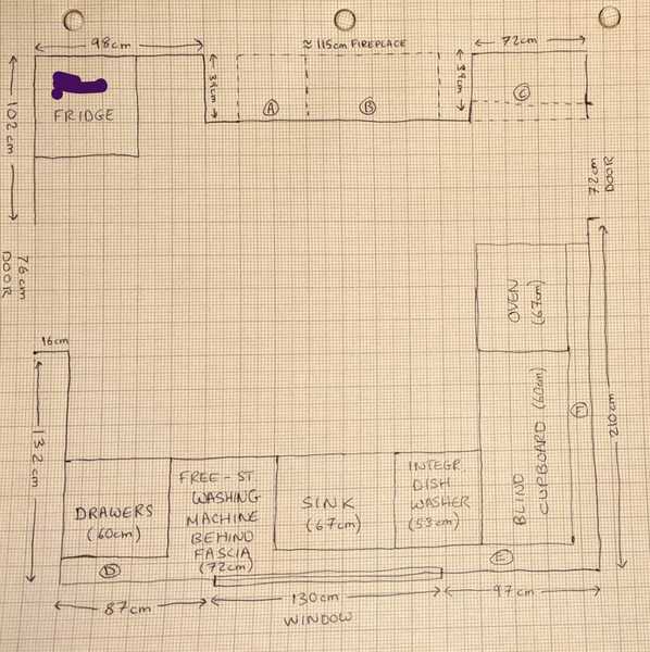 Help with plan for awkwardly shaped kitchen!