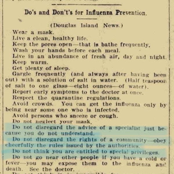 Clipping from 1918 - Dos and Don’ts for Influenza Prevention