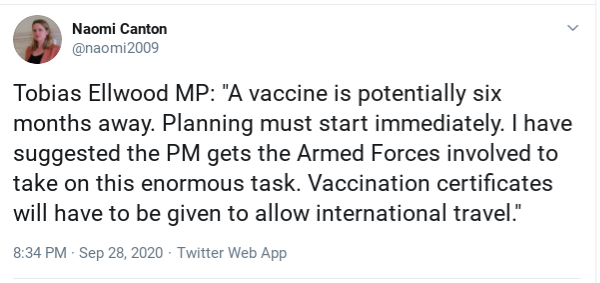 Tobias Ellwood MP: Vaccine verification certificates will be given to allow international travel