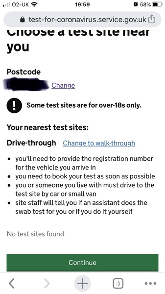 ‘No test sites found‘ message when booking a test