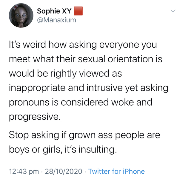 I am being asked to go into a meeting and introduce my pronouns to everyone in an hour and a half!