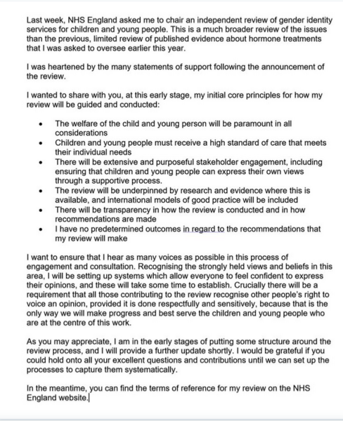NHS independent review into children's gender ID services
