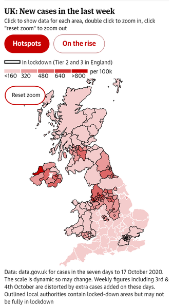 Guardian "on the rise" cases map shows cases falling nearly everywhere