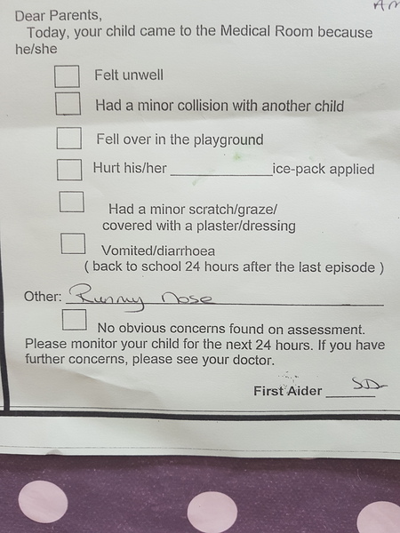 DS (3) sent home from school nursery with a runny nose