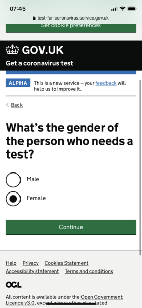 Booking a Covid test - gender option only