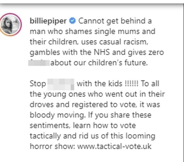 Just found out that Billie Piper doesn't share social/political views as her ex H