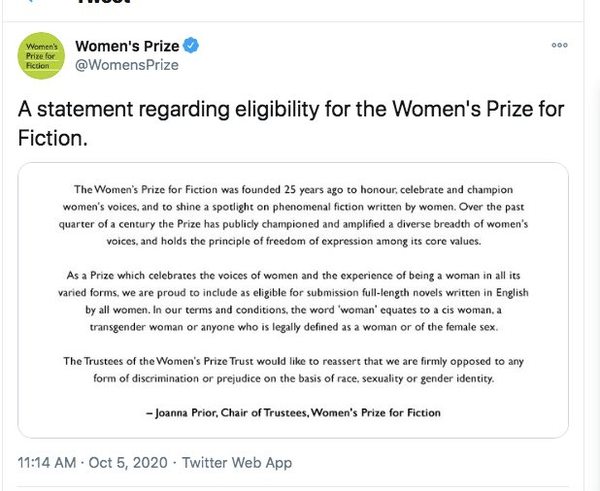 A statement regarding eligibility for the Women's Prize for Fiction