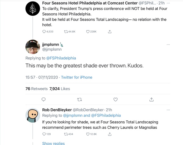 To think the Four Seasons Total Landscaping farce is the funniest thing to have happened in 2020